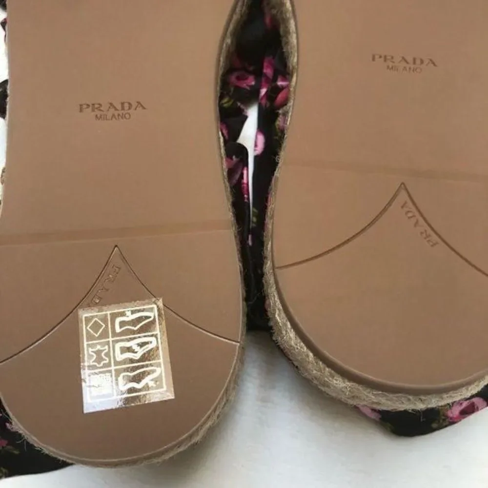 Prada Rose-Print Wraparound Platform Espadrille Sandals EU 37
